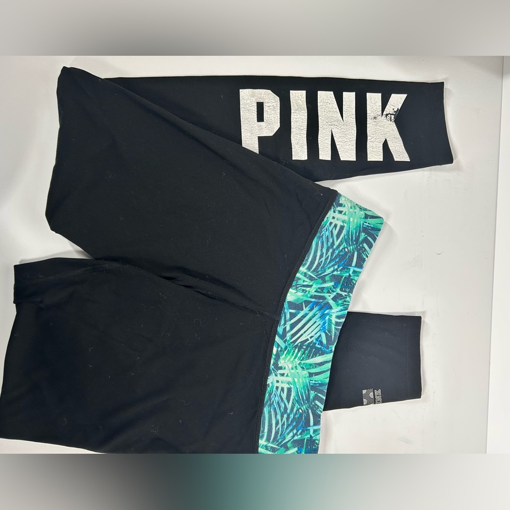 PINK Victoria's Secret Black and Green Leggings with Tropical Print reversible
